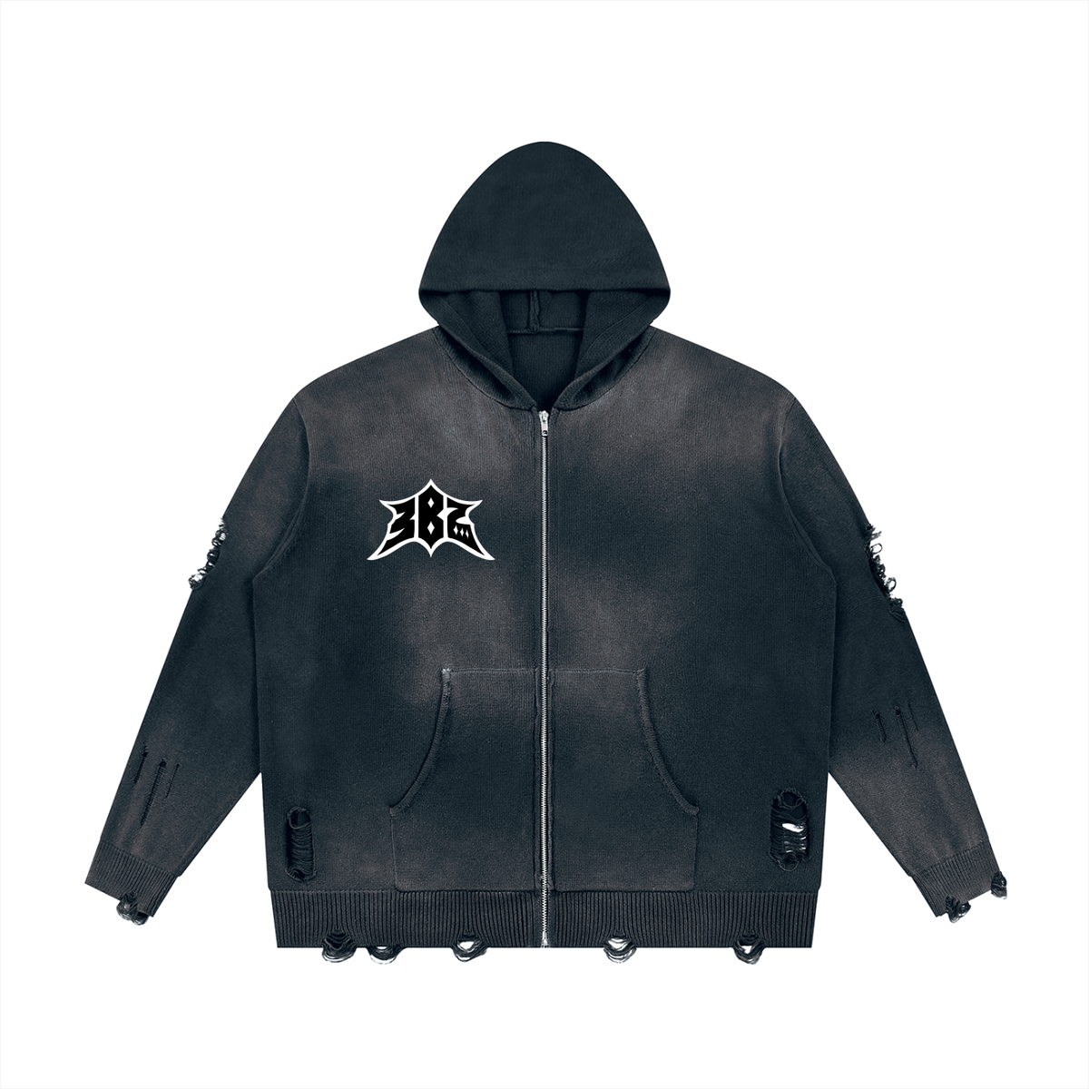 Unisex Distressed Full Zip Sweater