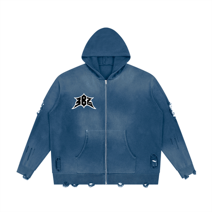 Unisex Distressed Full Zip Sweater