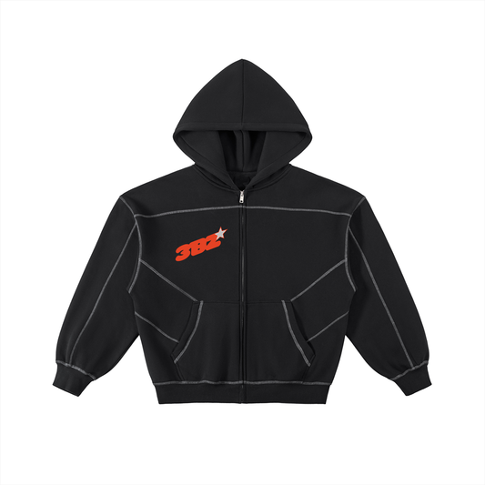 Contrast-Stitched Boxy Fleece Zip Hoodie